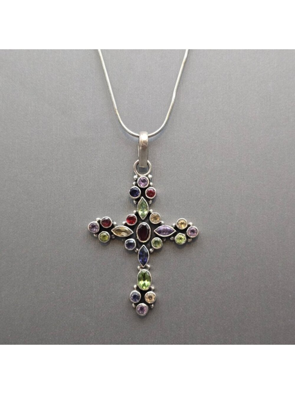 Vintage Sterling Silver Multi Gemstone Cross Pendant Necklace 18" Religious